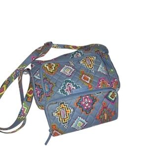 Vera Bradley Crossbody Bag and Matching Wallet Set Blue Geometric Quilted Cotton